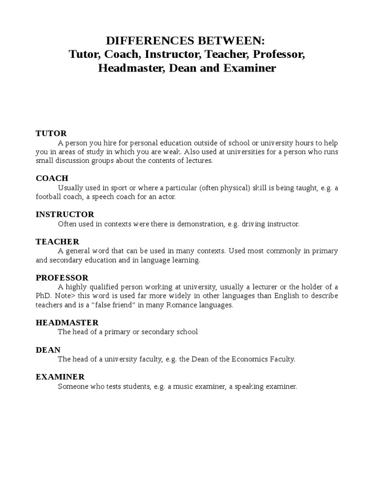 Differences Between Tutor, Coach, Instructor, Teacher, Professor