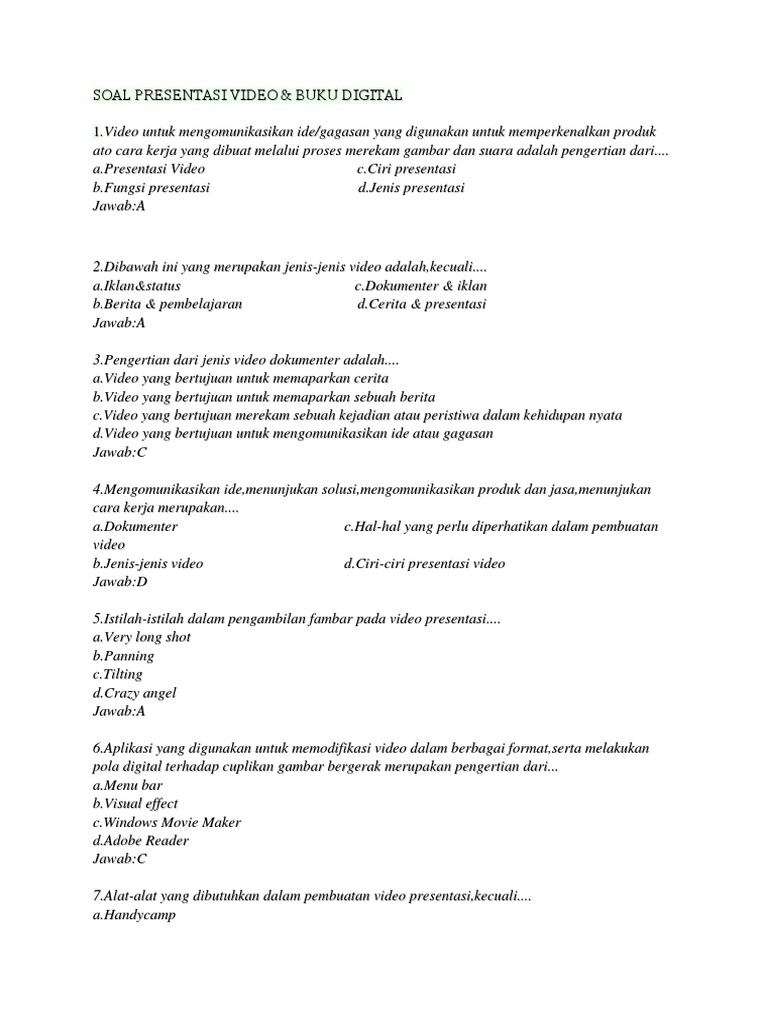 Soal Materi Presentasi Video Pelajaran Simdig Kelas X