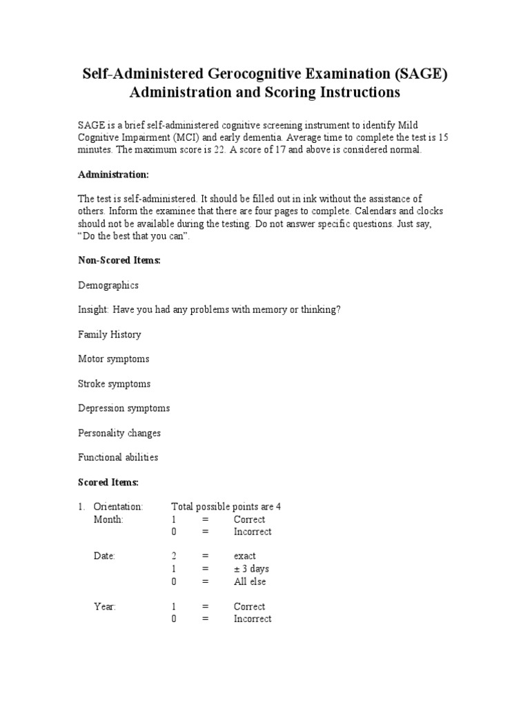 Sage Scoringinstructions Us PDF | PDF | Dementia | Cognitive Neuroscience