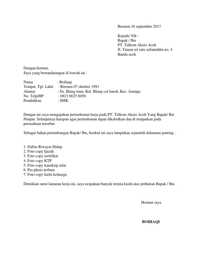 Contoh Surat Lamaran Kerja Di Telkom Berbagi Lamaran