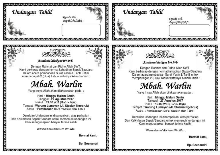 Contoh Surat Undangan Yasin Dan Tahlil Berbagi Contoh Surat