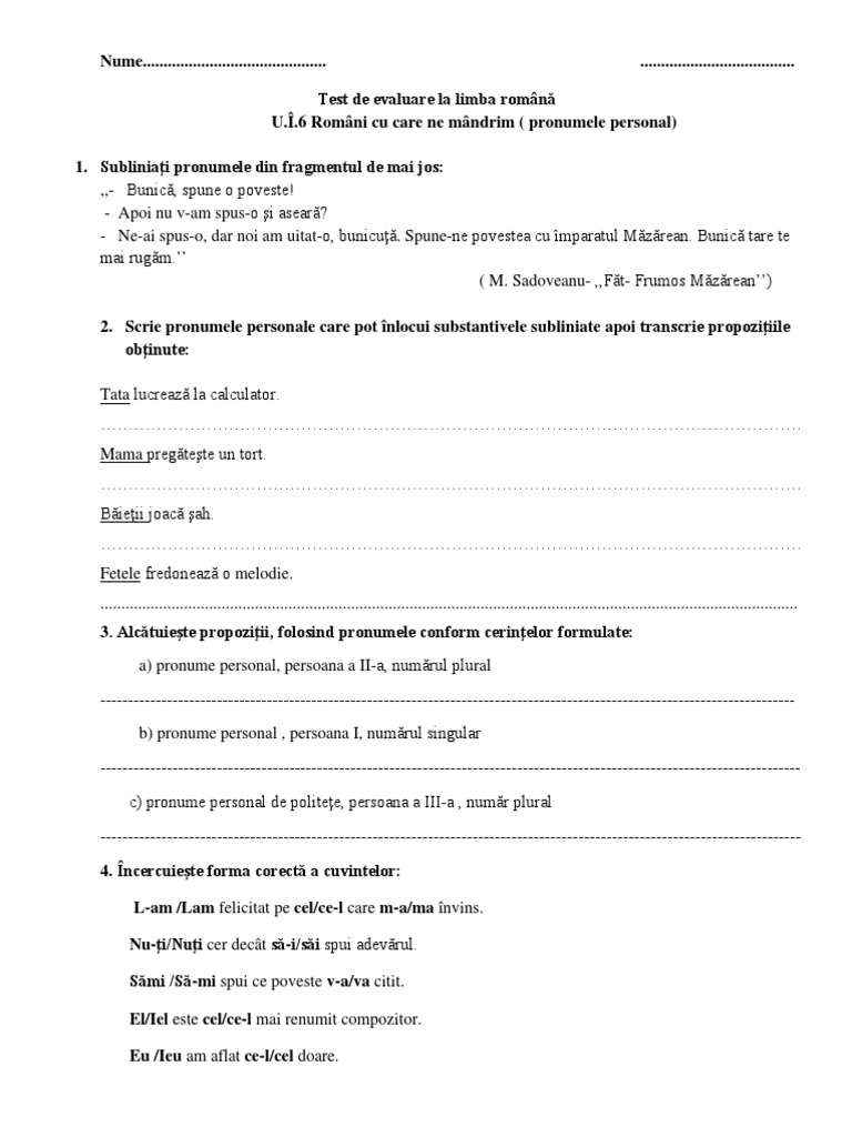 Test Romana U 6 Pronume Docx