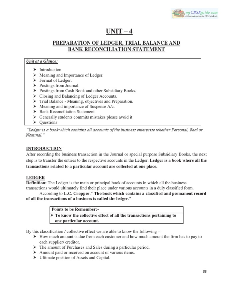 Preparation of Ledger Trial Balance and Bank Reconciliation Statement ...