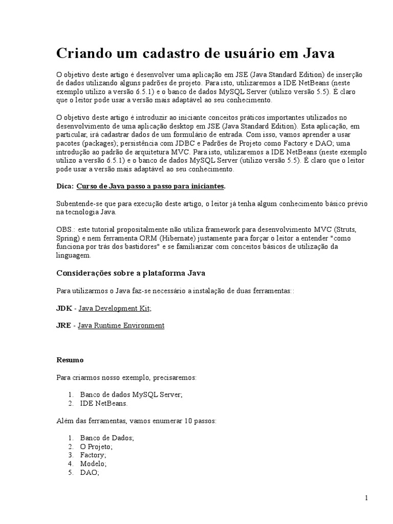 Cadastro de Usuário em Java JSE | PDF | Front-end e back-end ...