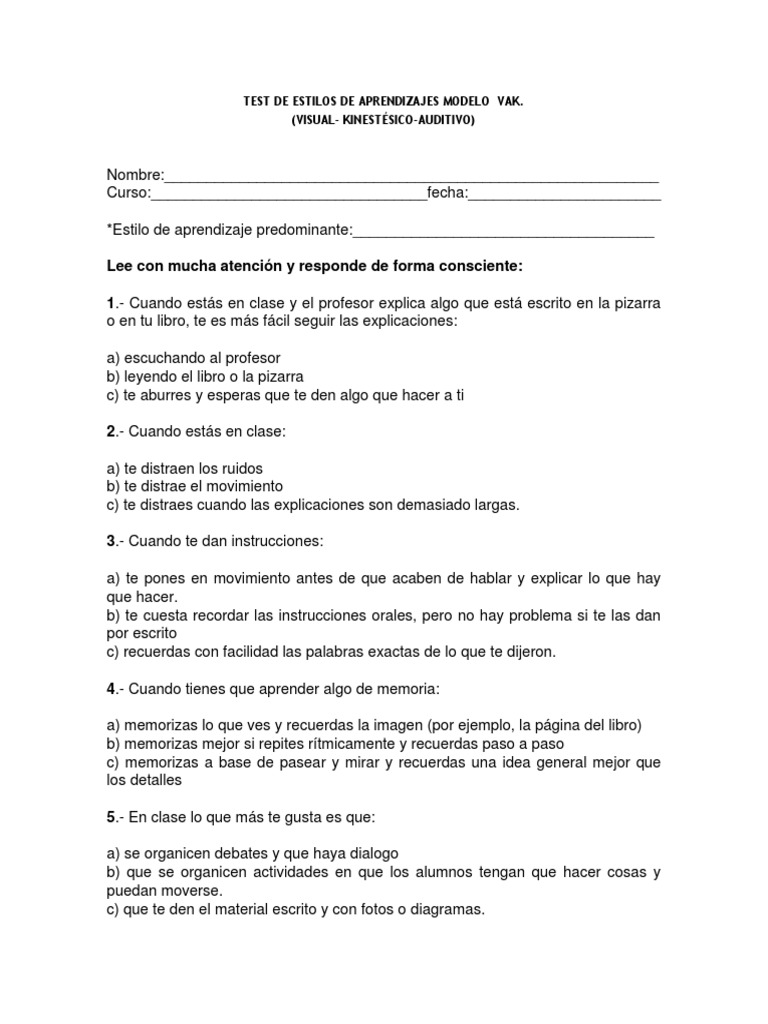 Test de Estilos de Aprendizajes Modelo Vak | PDF | Epistemología ...