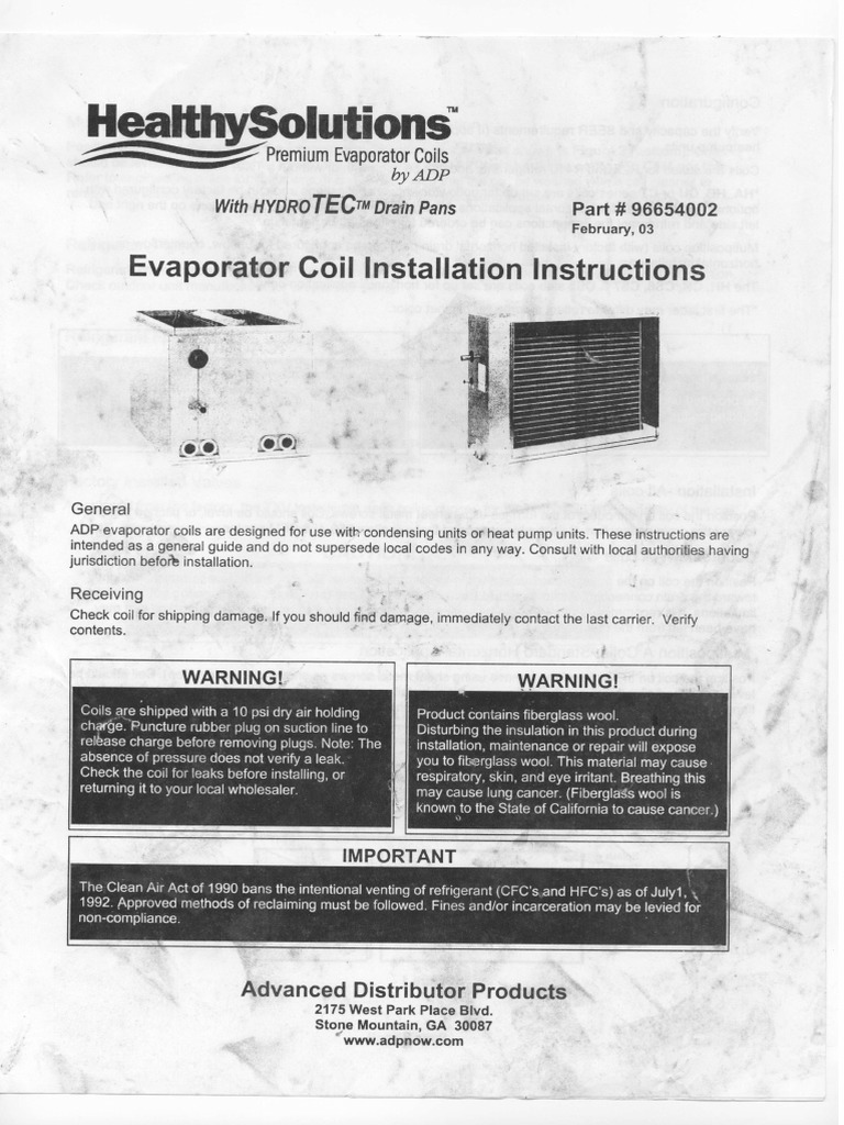 Evaporator Coil Installation Instructions 96654002 ADP PDF Engineering Thermodynamics