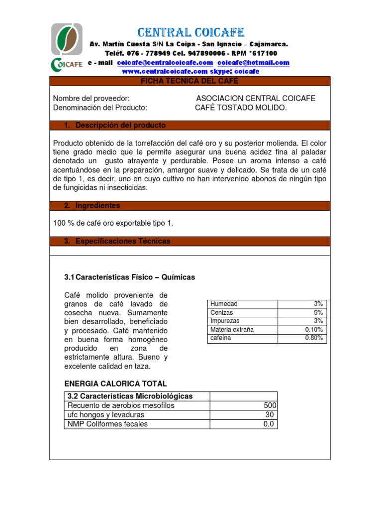 Ficha Tecnica Del Café Tostado Molido café Comida y bebida