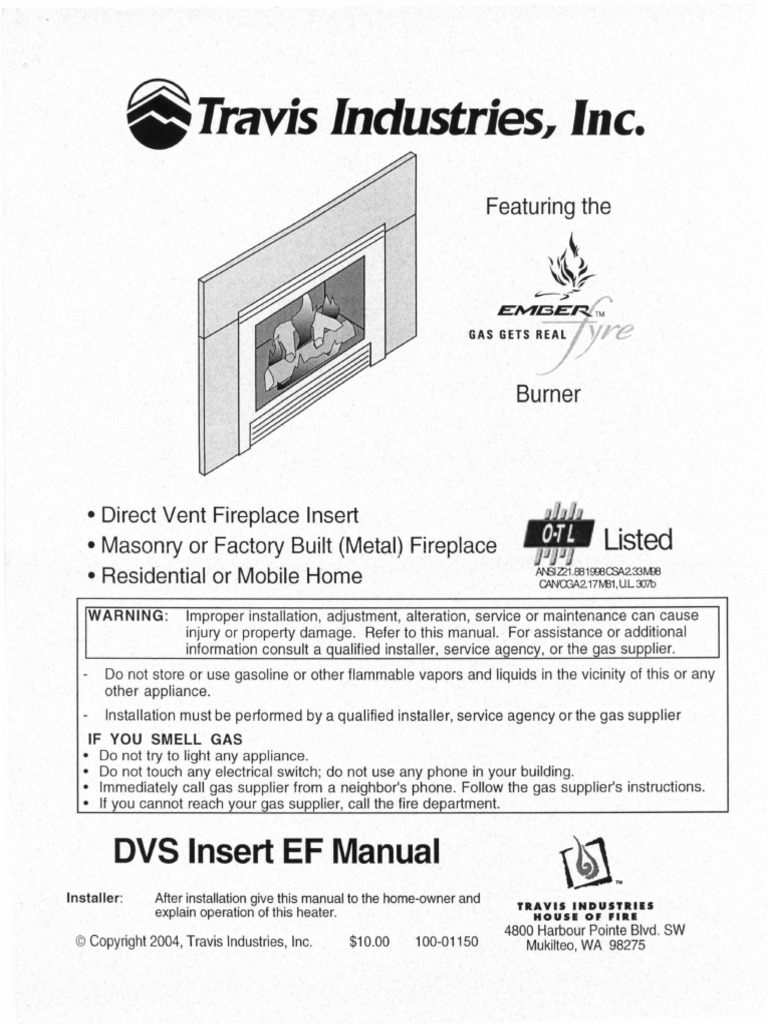 Travis Industries Gas Fireplace Insert DVS EF Manual PDF Fireplace