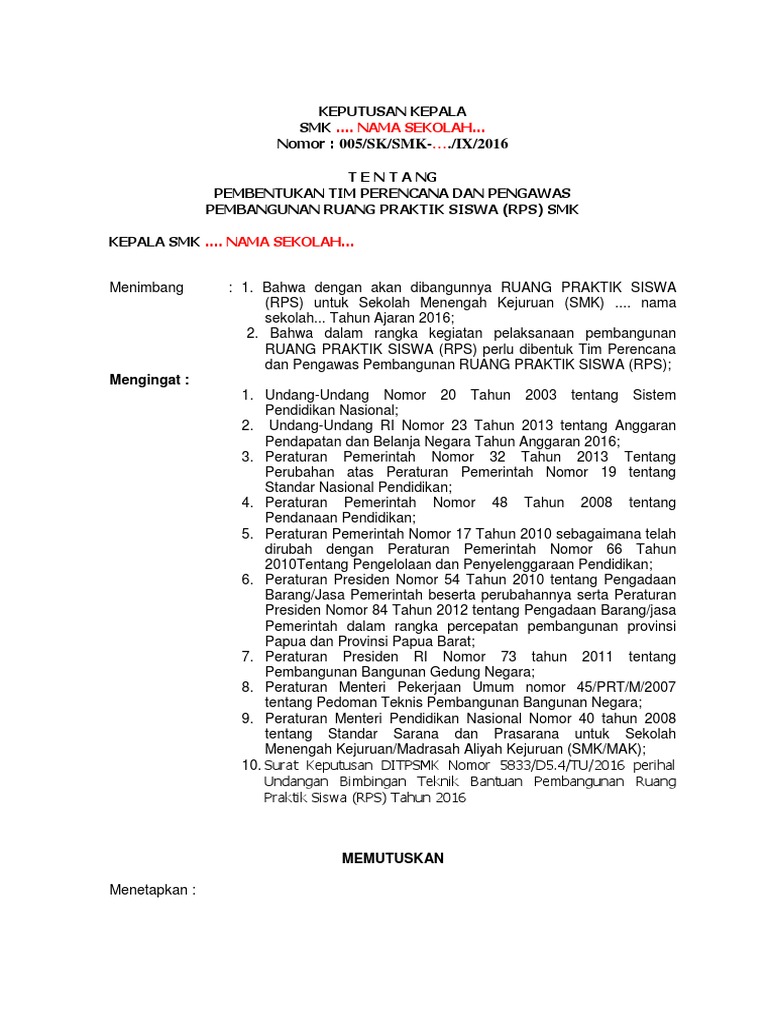 Contoh SK Tentang Susunan Tim Perencana Dan Pengawas RPS | PDF