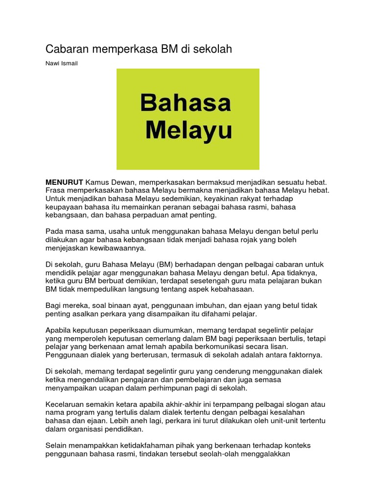 Cabaran Memperkasa Bm Di Sekolah Isu Sms Pdf