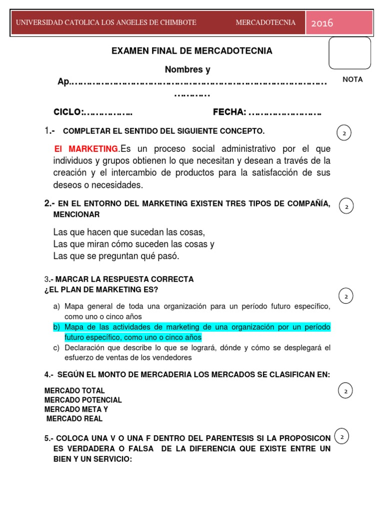 EXAMEN Final DE MERCADOTECNIA | PDF | Producto (Negocio) | Marketing