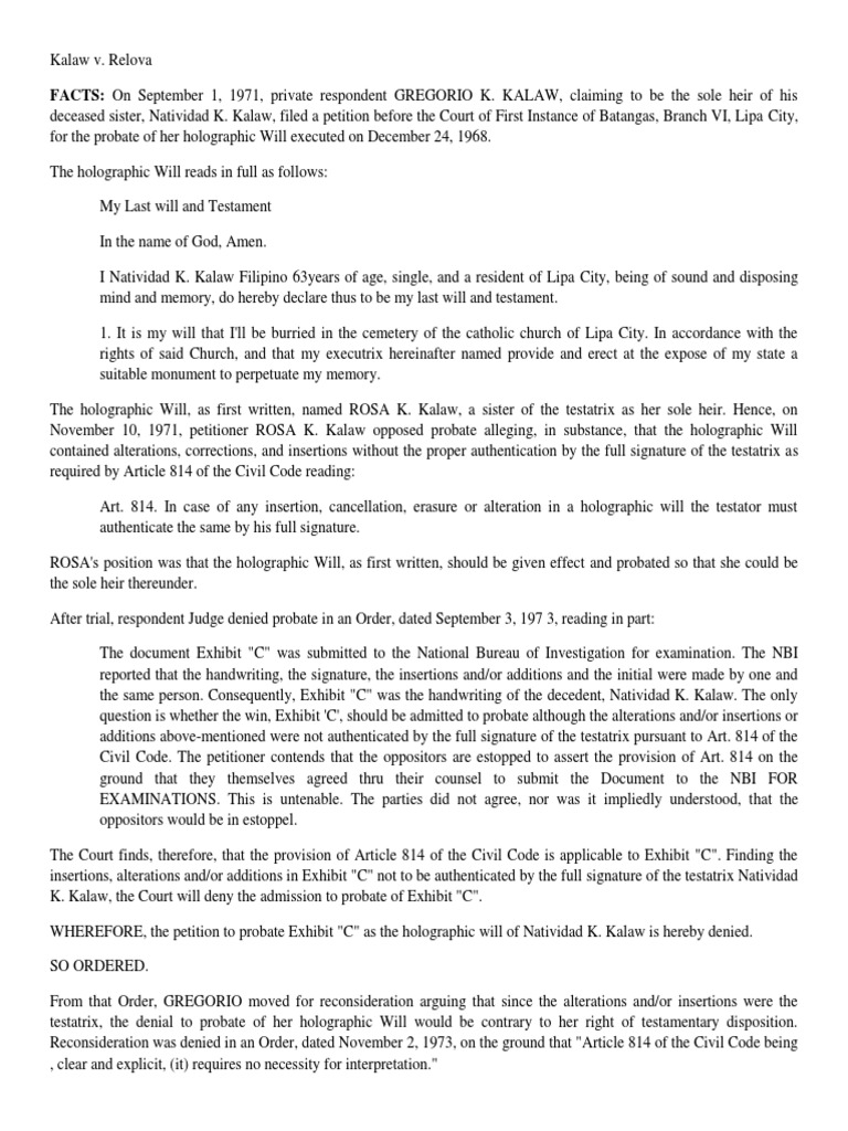 FACTS On September 1, 1971, Private Respondent GREGORIO K. KALAW, Claiming To Be The Sole Heir