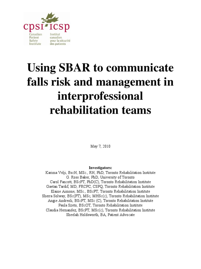 SBAR for Falls Risk Management in Rehab | PDF | Patient Safety ...