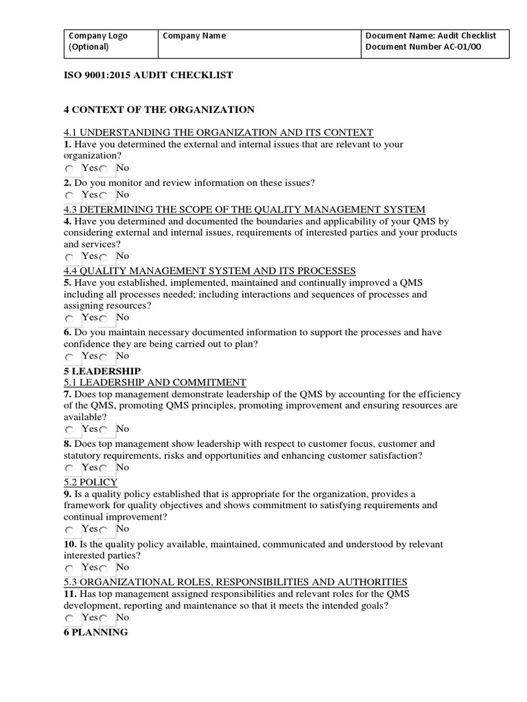 Iso 9001 2015 Audit Checklist | PDF | Iso 9000 | Audit