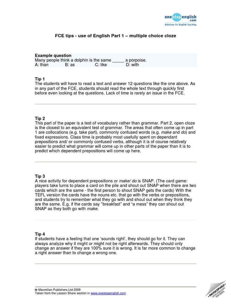 Fce Use Of English Part 1 Multiple Choice Cloze