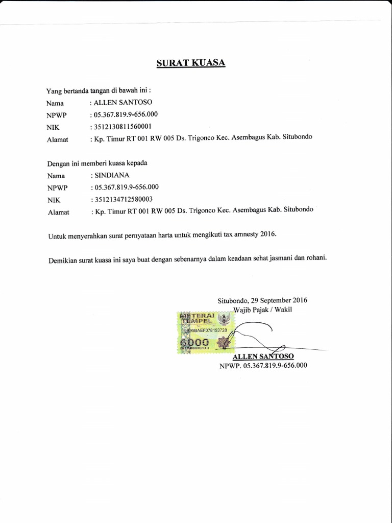 Contoh Surat Kuasa Untuk Pelaporan Tax Amnesty Kumpulan
