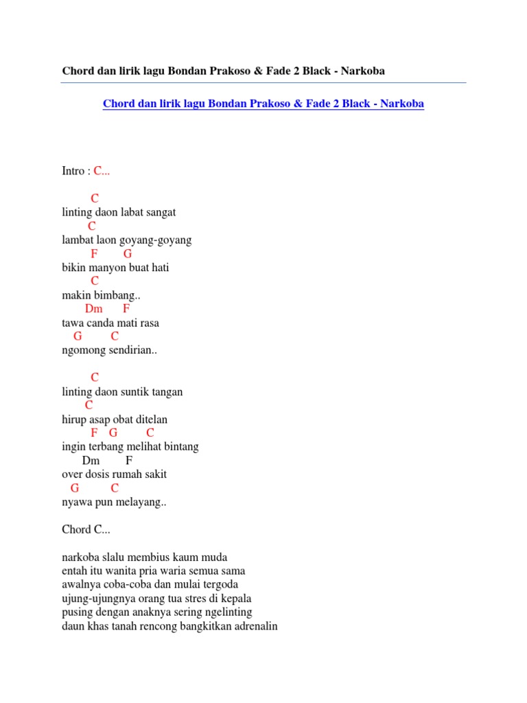 Chord Dan Lirik Lagu Bondan Prakoso Fade 2 Black Narkoba