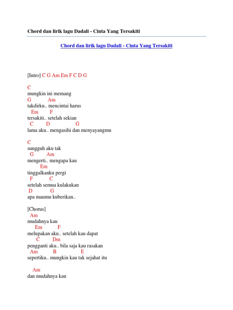 Chord Dadali Cinta Yang Tersakiti Chord Walls