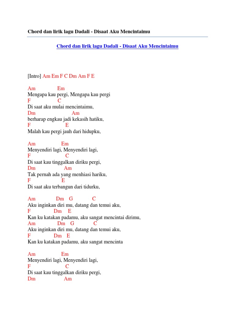 Chord Dan Lirik Lagu Dadali Disaat Aku Mencintaimu Pdf