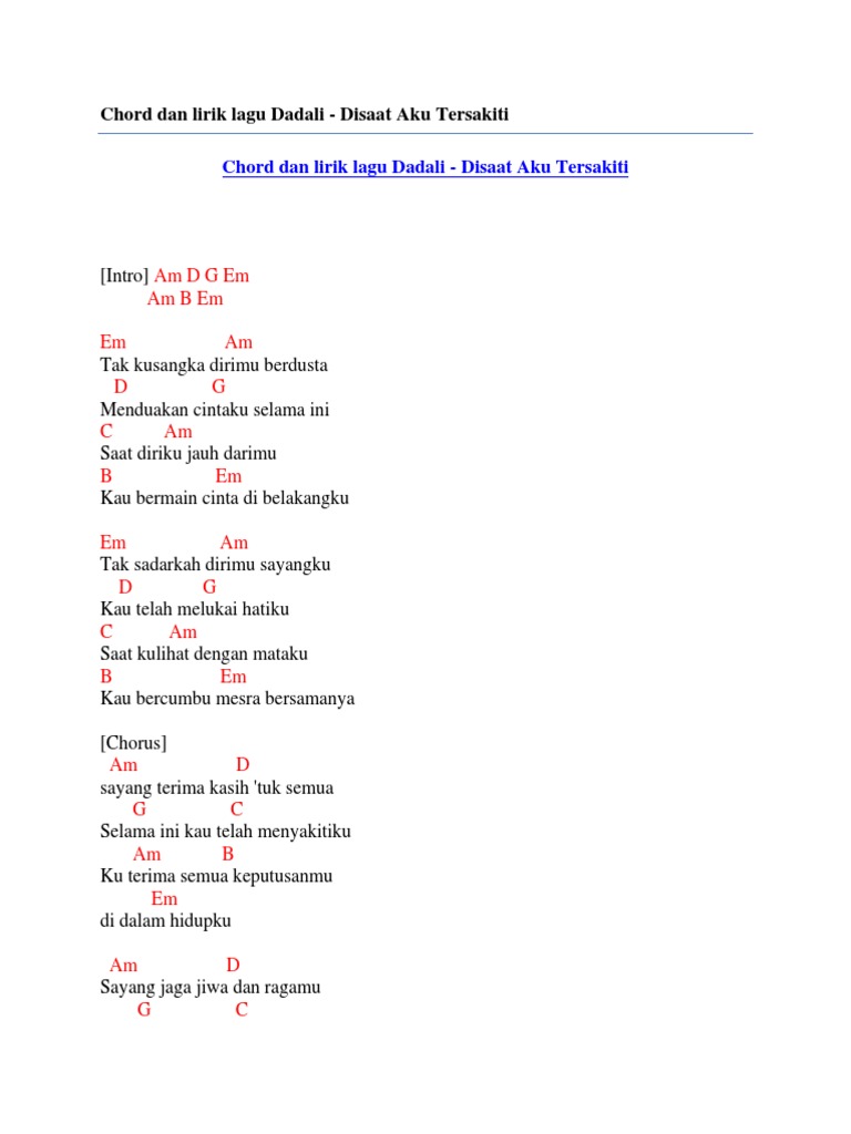 Chord Dan Lirik Lagu Dadali Disaat Aku Tersakiti Pdf
