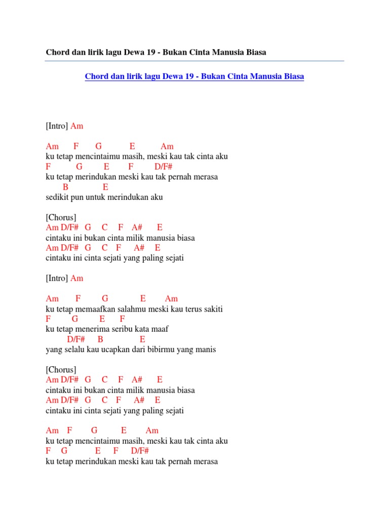 Chord Dan Lirik Lagu Dewa 19 Bukan Cinta Manusia Biasa PDF