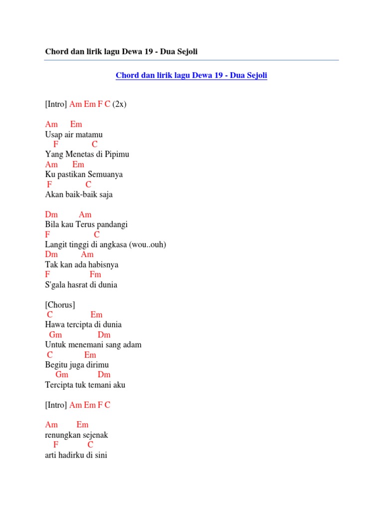 Chord Dan Lirik Lagu Dewa 19 Dua Sejoli PDF