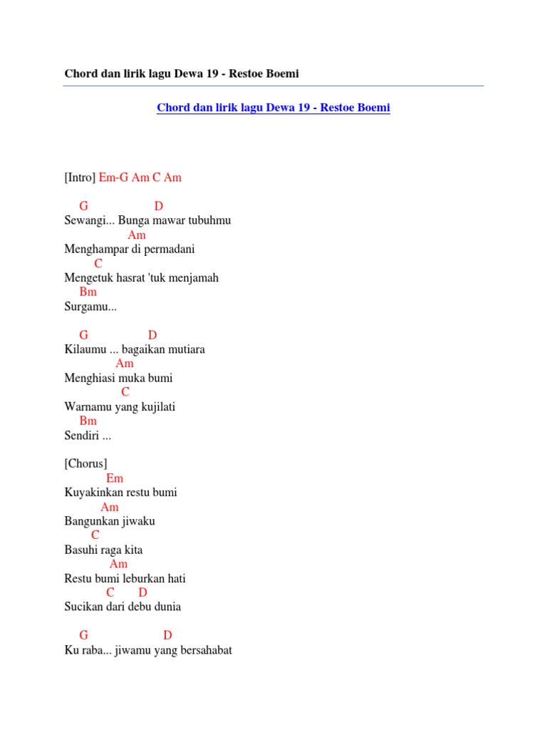 Chord Dan Lirik Lagu Dewa 19 Restoe Boemi