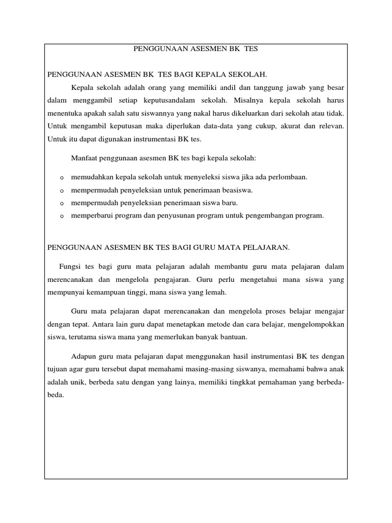 Manfaat Penggunaan Asesmen Bk Tes Bagi Kepala Sekolah