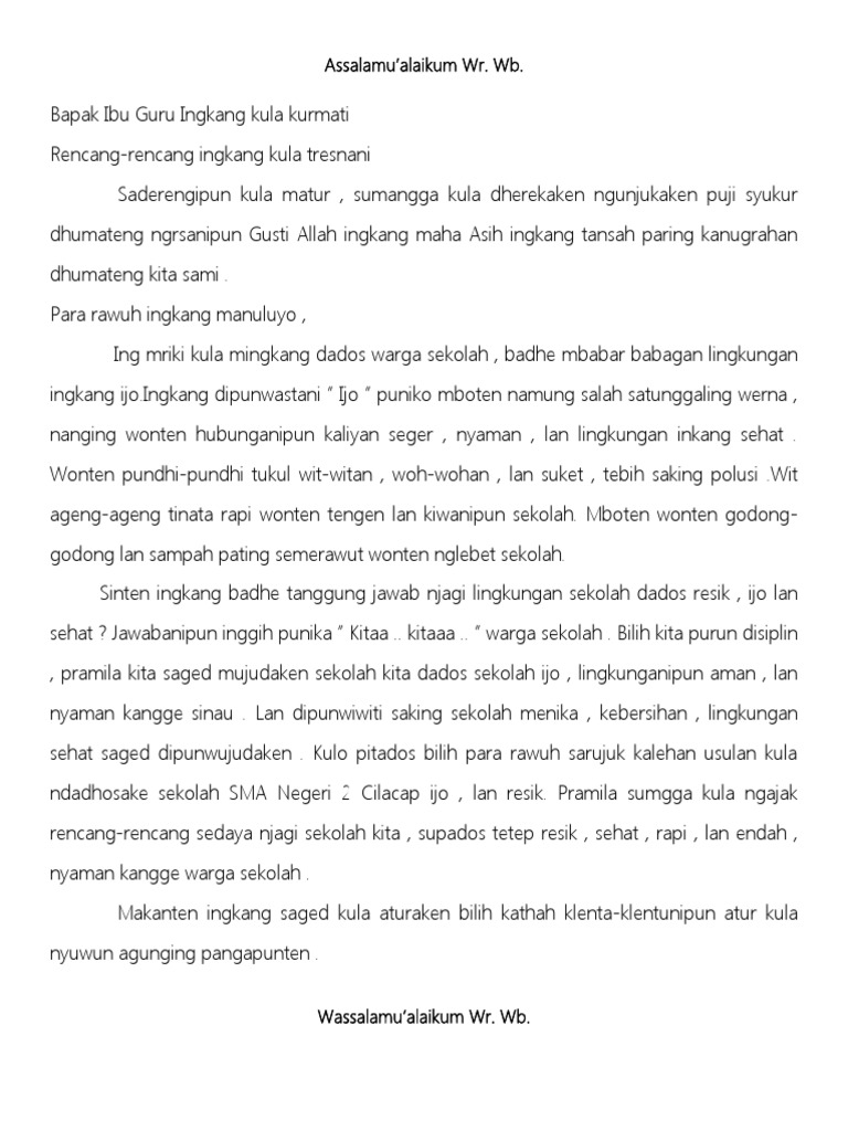 Contoh Pidato Bahasa Jawa Tentang Kebersihan Lingkungan  