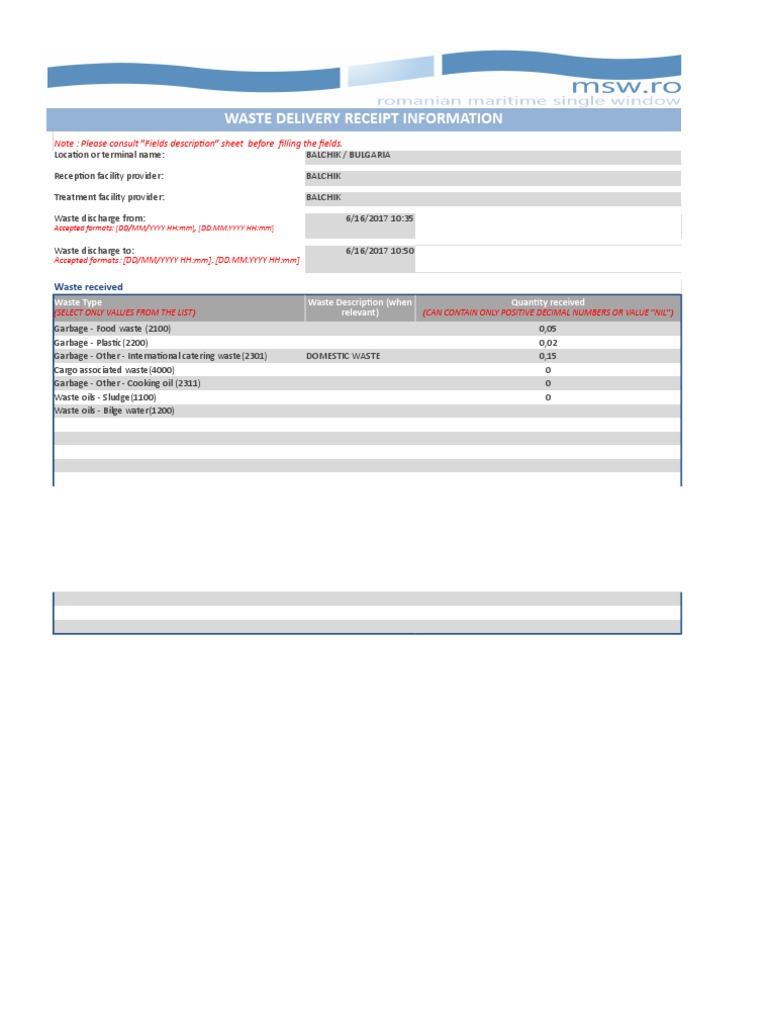 Waste Delivery Receipt Template | PDF | Ships | Oil Tanker