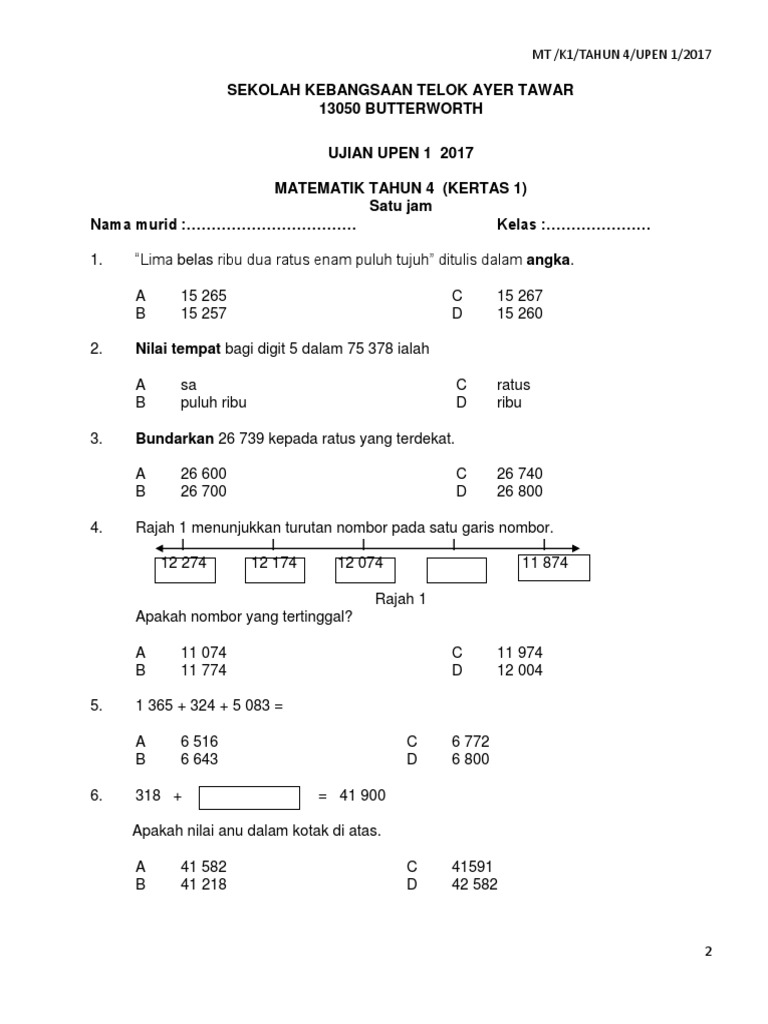 Soalan Matematik Tahun 4 Ujian 1 Bulan Mac 2017 3