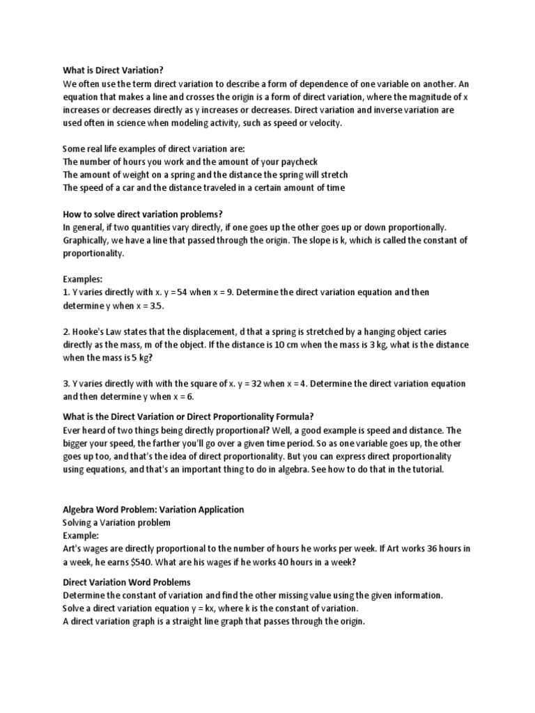 worksheet Direct Variation Word Problems Worksheet what is direct variation speed mass