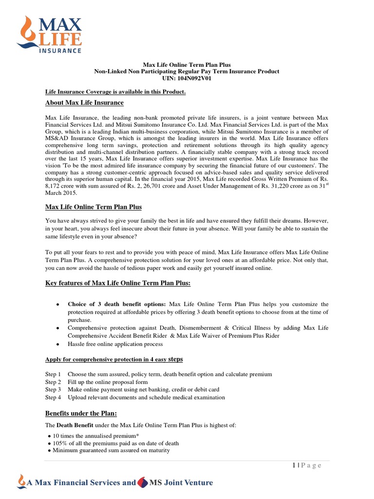 Max Life Online Term Plan Plus_brochure_Prod Insurance