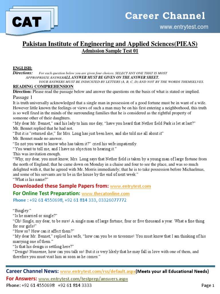 PIEAS Admission Sample Test 01 | PDF