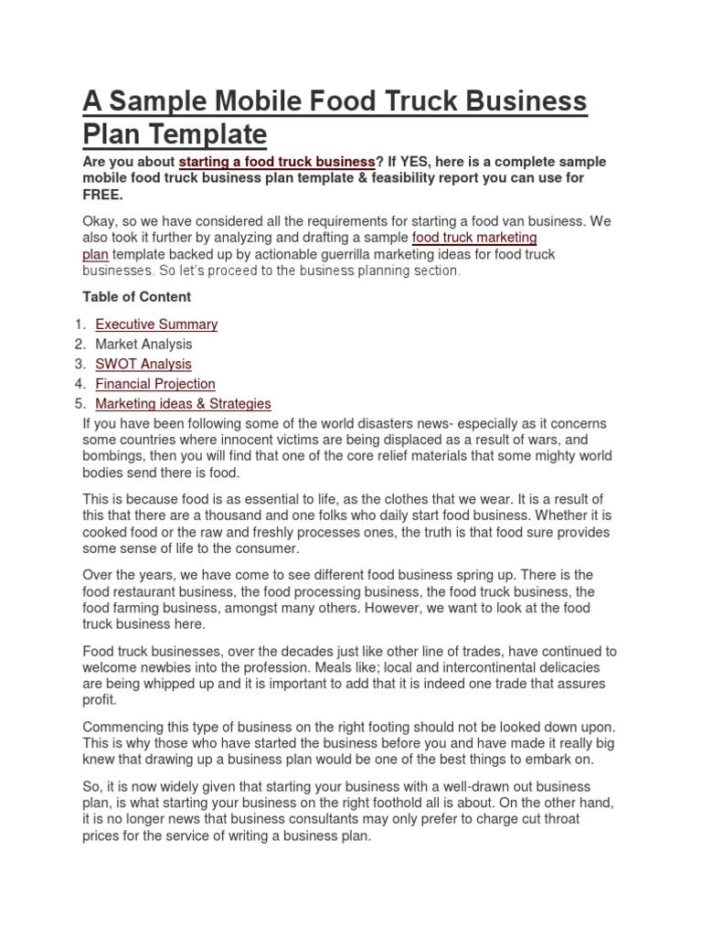 A Sample Mobile Food Truck Business Plan Template