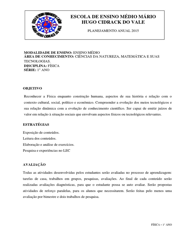Plano Anual de Física 1 Ano | PDF | Física | Cinemática