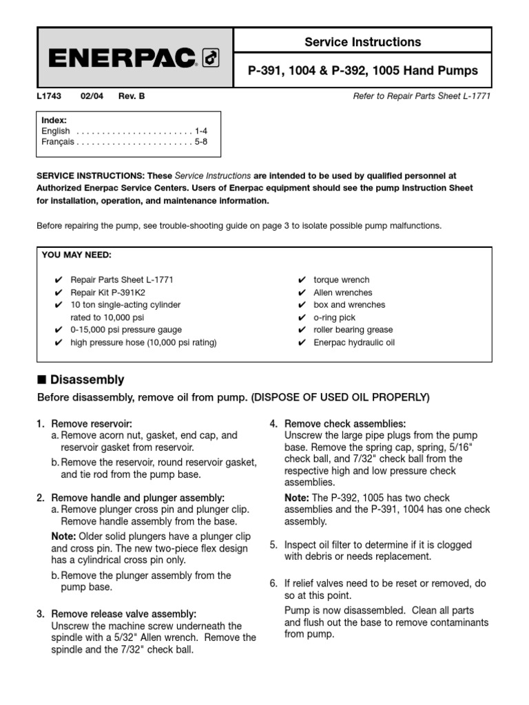 Enerpac P392 Service Instructions Pump Leak