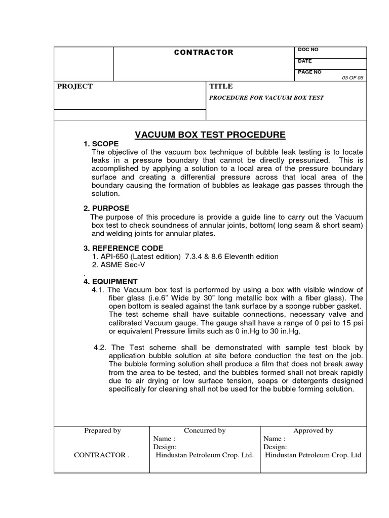 Vacuum Box Test Procedure Guide | PDF