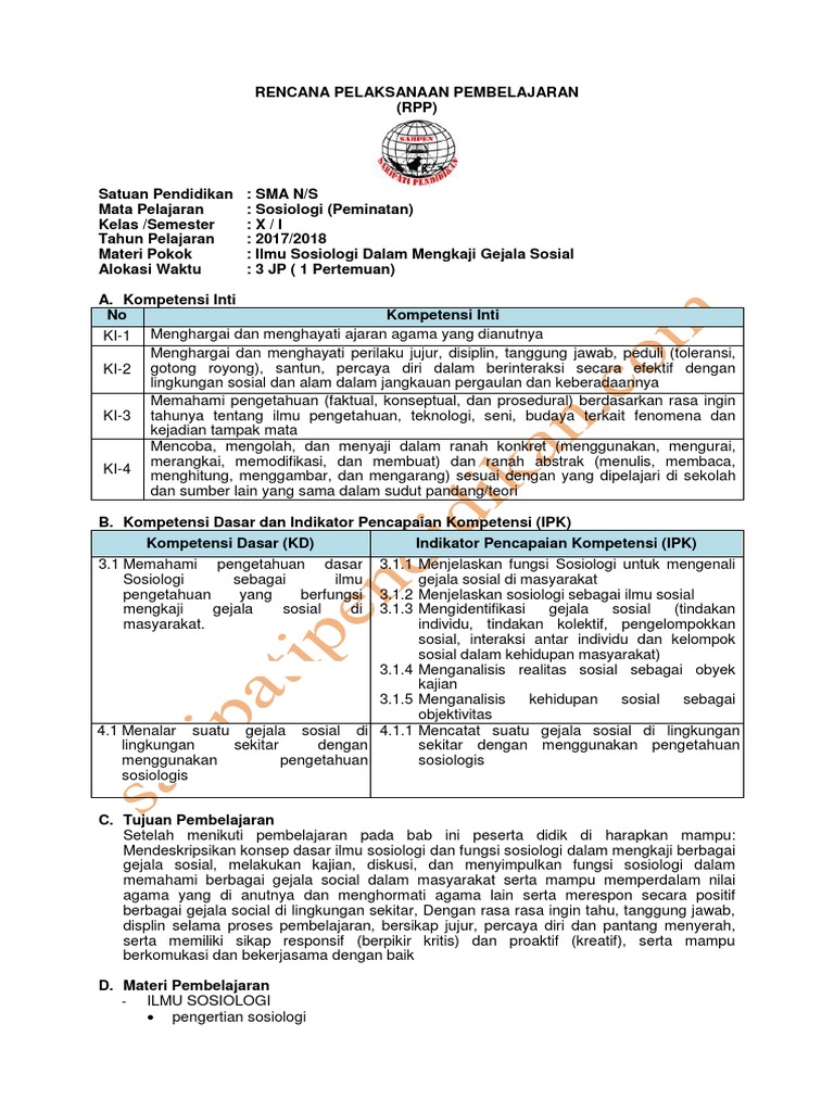 Contoh RPP Sosiologi Kelas 10 SMA