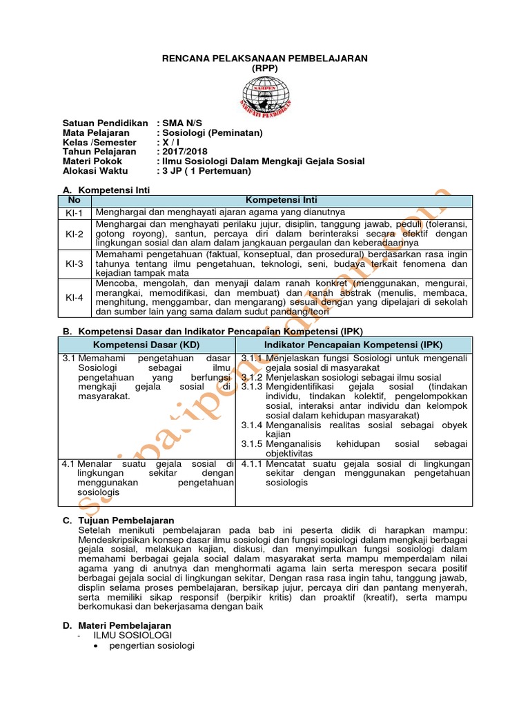 Contoh Rpp Sosiologi Kelas 10 Sma Saripatipendidikan Com
