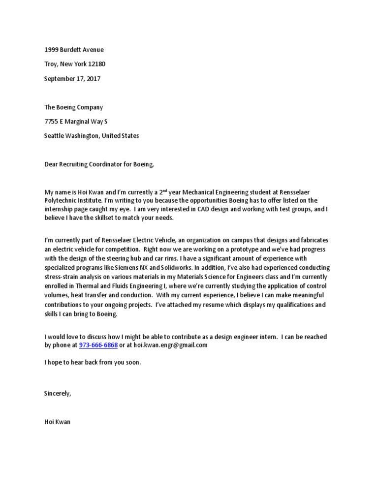 mechanical engineering internship cover letter