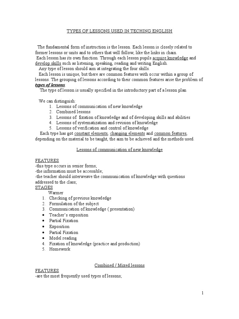 Types of Lessons Used in Tech Ing English | PDF | Homework | Knowledge