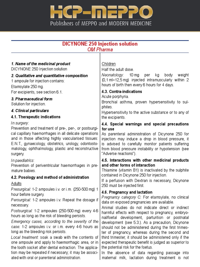 Dicynone 250 Injection Guidelines | PDF | Intravenous Therapy | Injection  (Medicine)