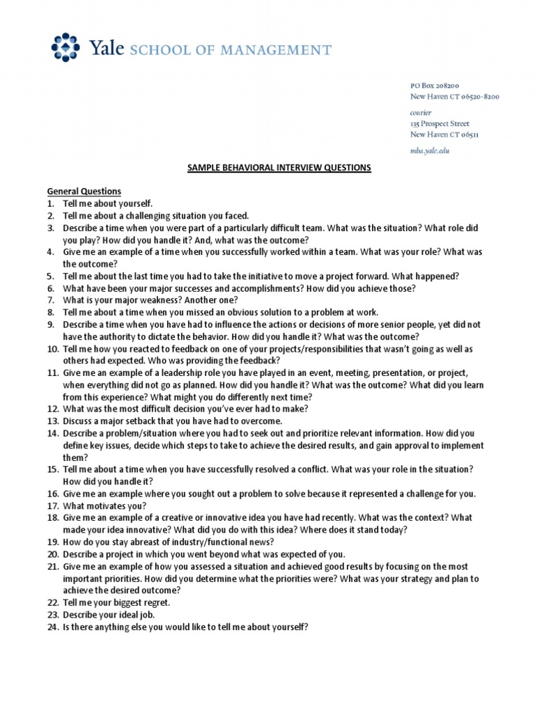 Sample Behavioral Interview Questions General Questions | PDF ...