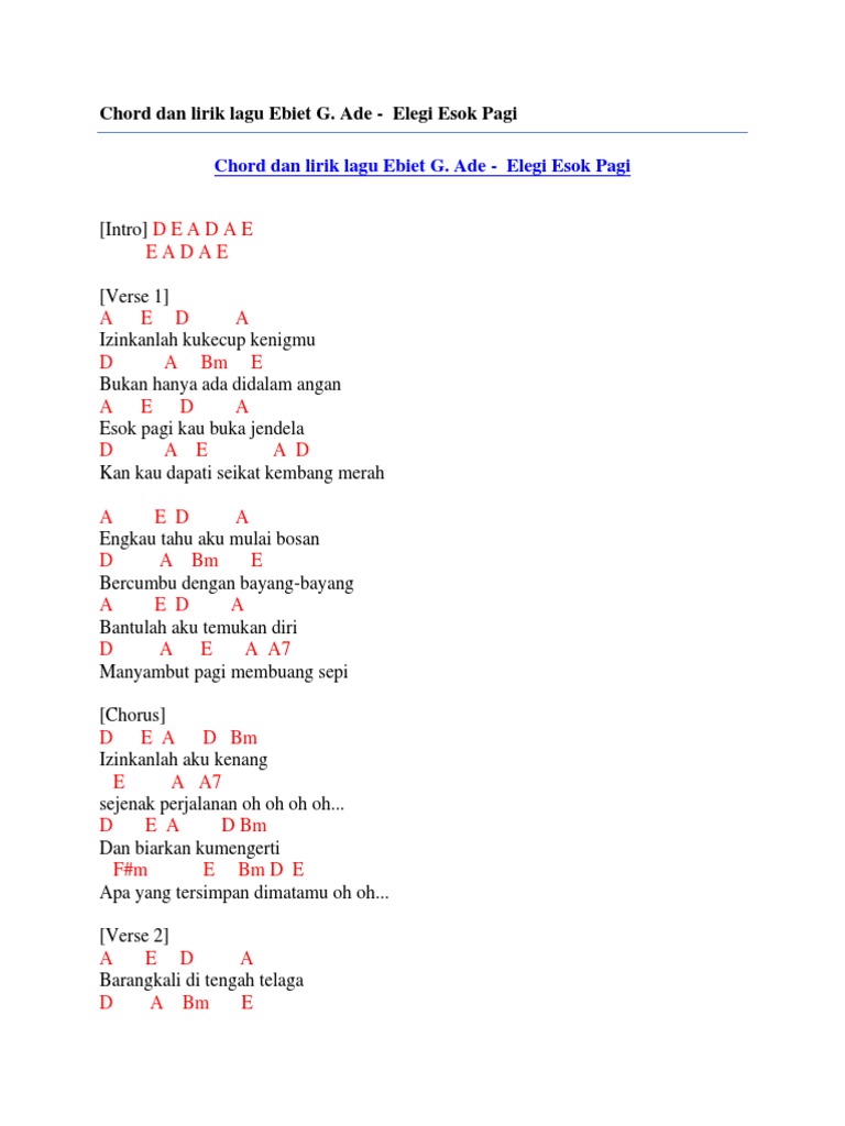 Chord Dan Lirik Lagu Ebiet G. Ade Elegi Esok Pagi PDF