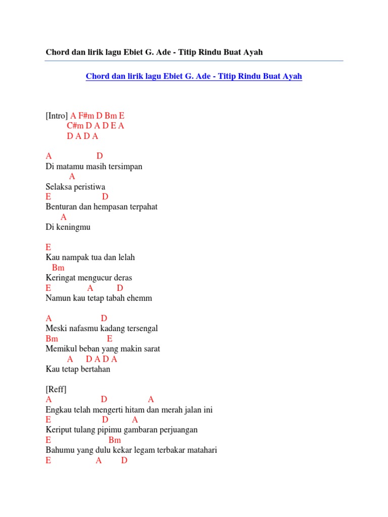 Chord Dan Lirik Lagu Ebiet G Ade Titip Rindu Buat Ayah