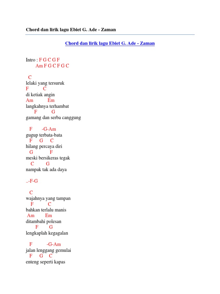 Chord Dan Lirik Lagu Ebiet G Ade Zaman Pdf