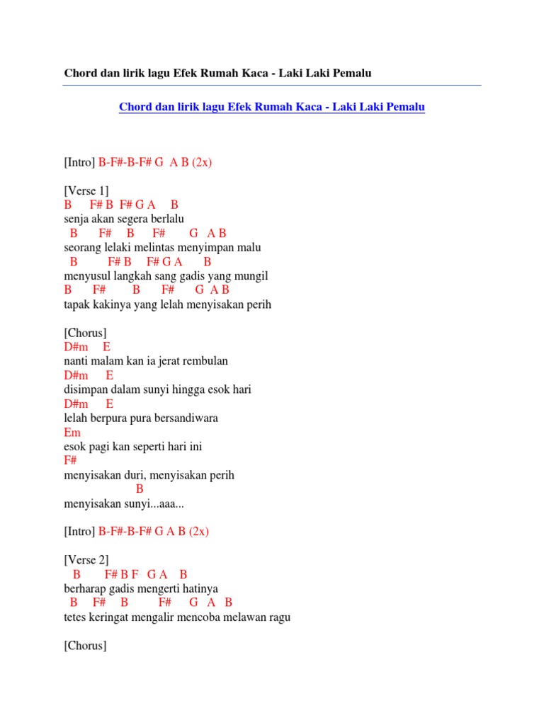 Chord Dan Lirik Lagu Efek Rumah Kaca Laki Laki Pemalu
