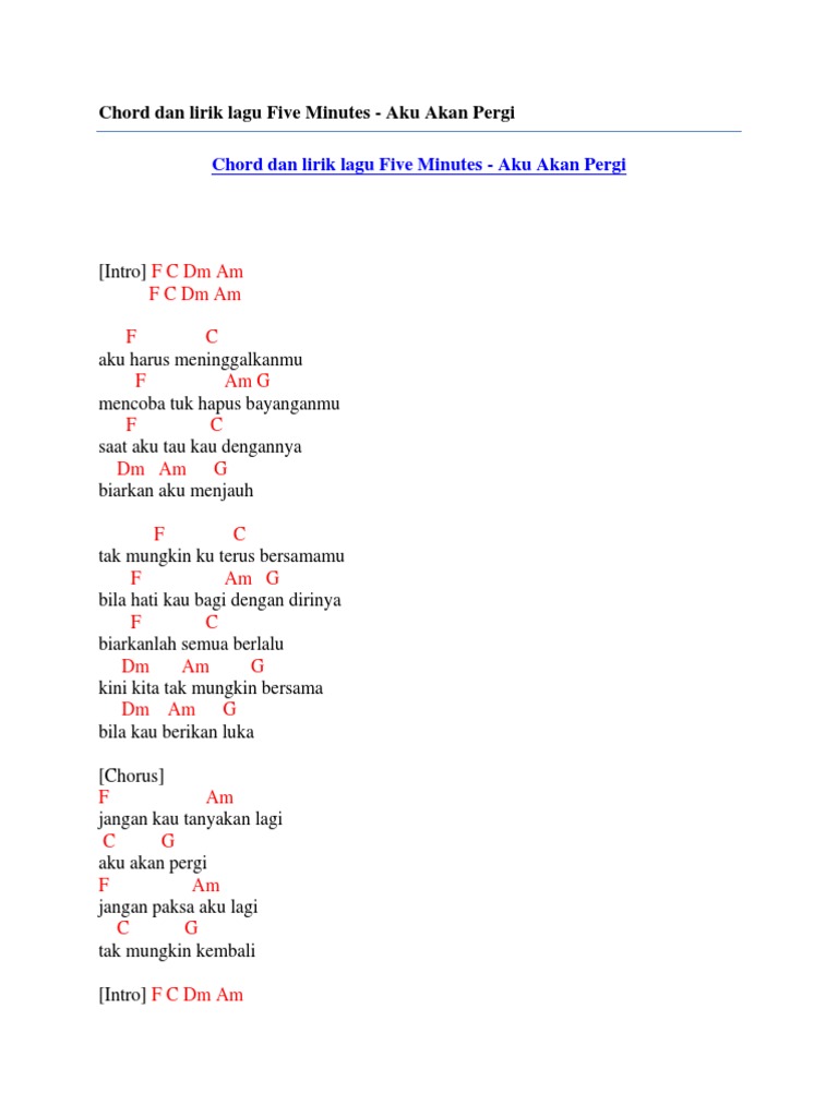 Chord Dan Lirik Lagu Five Minutes Aku Akan Pergi