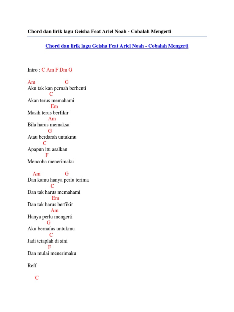 Chord Dan Lirik Lagu Geisha Feat Ariel Noah Cobalah Mengerti